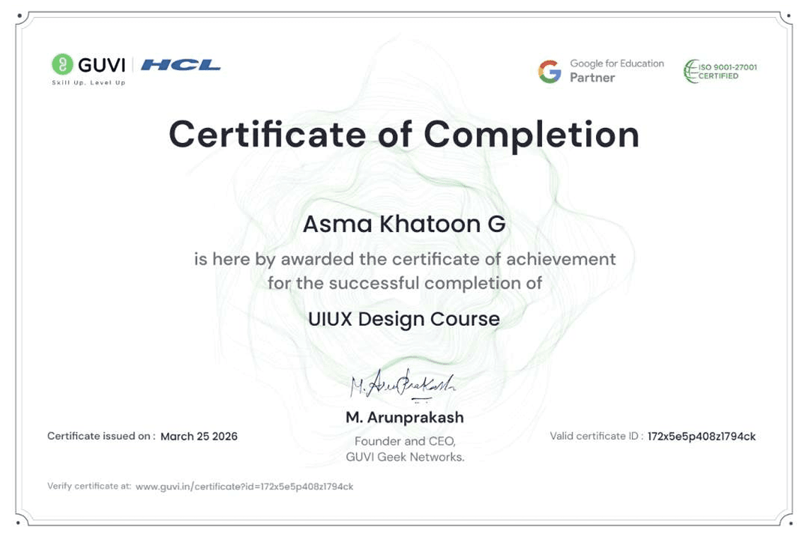 GUVI UI/UX Course Completion Certificate
