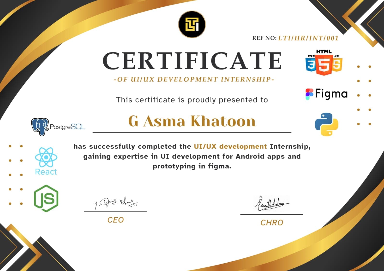 LTI Technology Internship Certificate